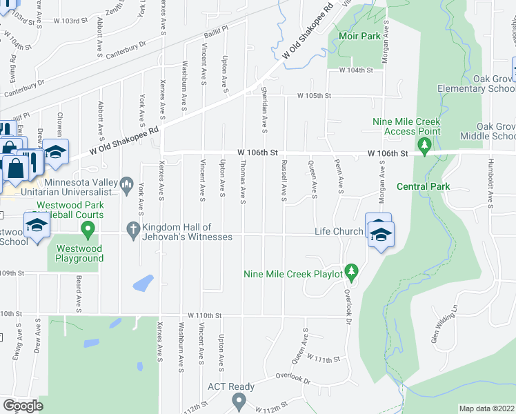 map of restaurants, bars, coffee shops, grocery stores, and more near 10716 Sheridan Avenue South in Minneapolis