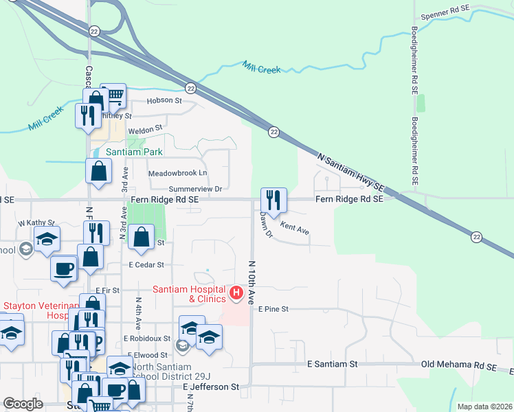 map of restaurants, bars, coffee shops, grocery stores, and more near 1023 Dawn Drive in Stayton
