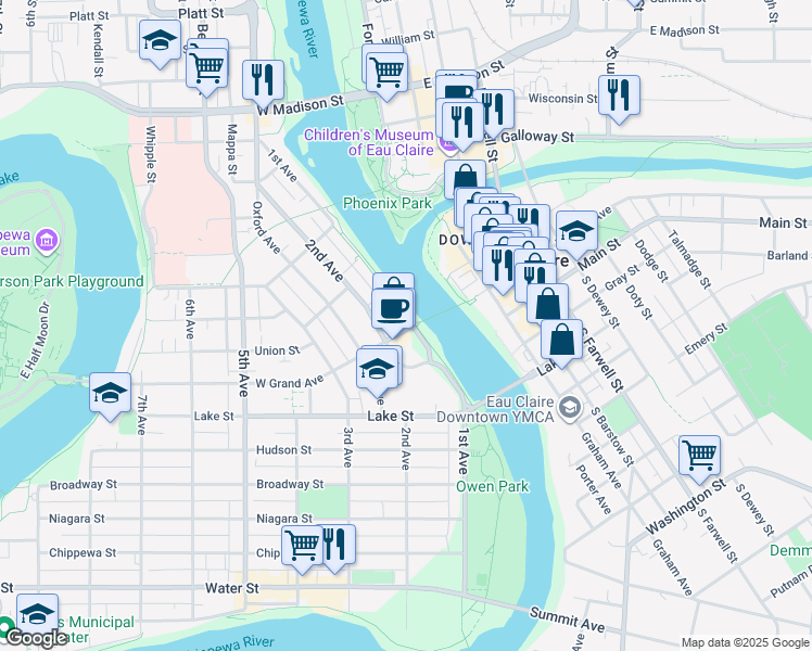 map of restaurants, bars, coffee shops, grocery stores, and more near 102w West Grand Avenue in Eau Claire