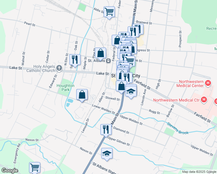 map of restaurants, bars, coffee shops, grocery stores, and more near 10 Catherine Street in Saint Albans