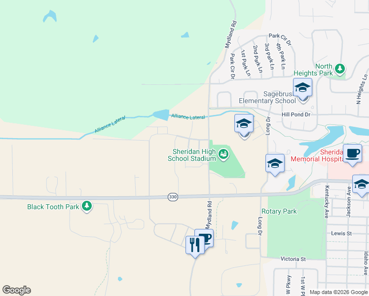 map of restaurants, bars, coffee shops, grocery stores, and more near 2064 Bungalow Village Lane in Sheridan