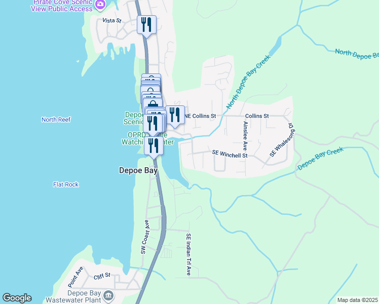 map of restaurants, bars, coffee shops, grocery stores, and more near 185 Southeast Winchell Street in Depoe Bay