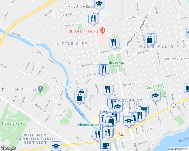 map of restaurants, bars, coffee shops, grocery stores, and more near 77 Division Street in Bangor