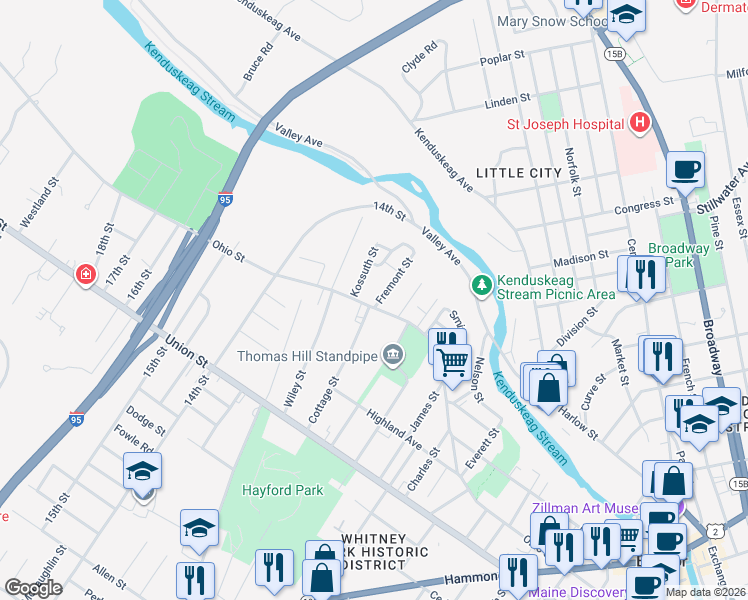 map of restaurants, bars, coffee shops, grocery stores, and more near 327 Ohio Street in Bangor