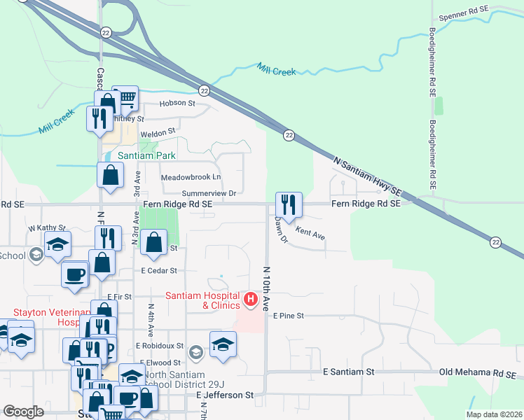 map of restaurants, bars, coffee shops, grocery stores, and more near 1023 Dawn Drive in Stayton