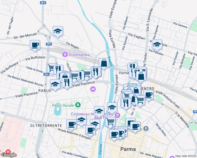 map of restaurants, bars, coffee shops, grocery stores, and more near 1-15 Via Cremona in Parma