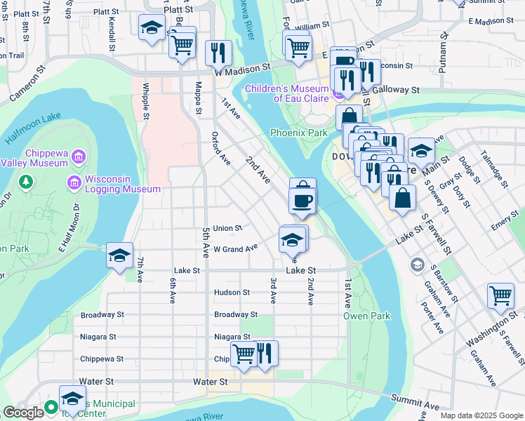 map of restaurants, bars, coffee shops, grocery stores, and more near 902 Oxford Avenue in Eau Claire