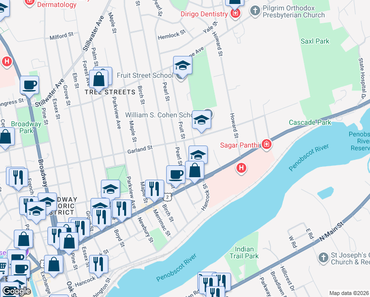 map of restaurants, bars, coffee shops, grocery stores, and more near 64 Fruit Street in Bangor