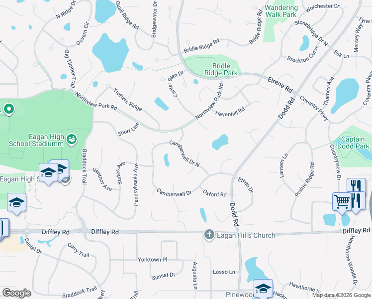 map of restaurants, bars, coffee shops, grocery stores, and more near 4068 Camberwell Drive North in Eagan