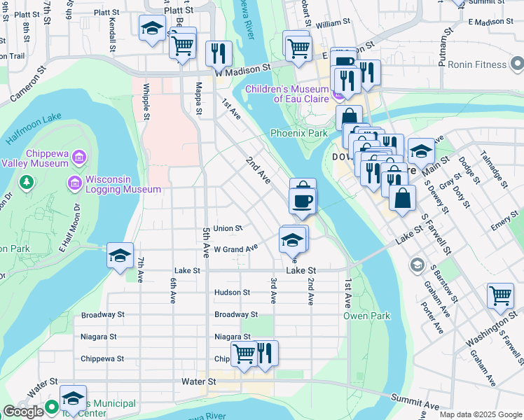 map of restaurants, bars, coffee shops, grocery stores, and more near 902 Oxford Avenue in Eau Claire