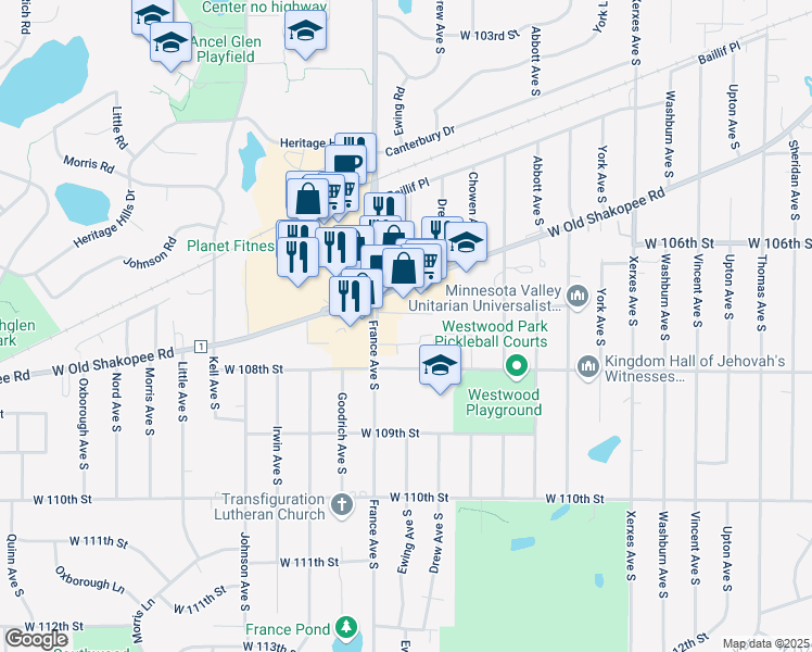 map of restaurants, bars, coffee shops, grocery stores, and more near 10717 France Avenue South in Minneapolis