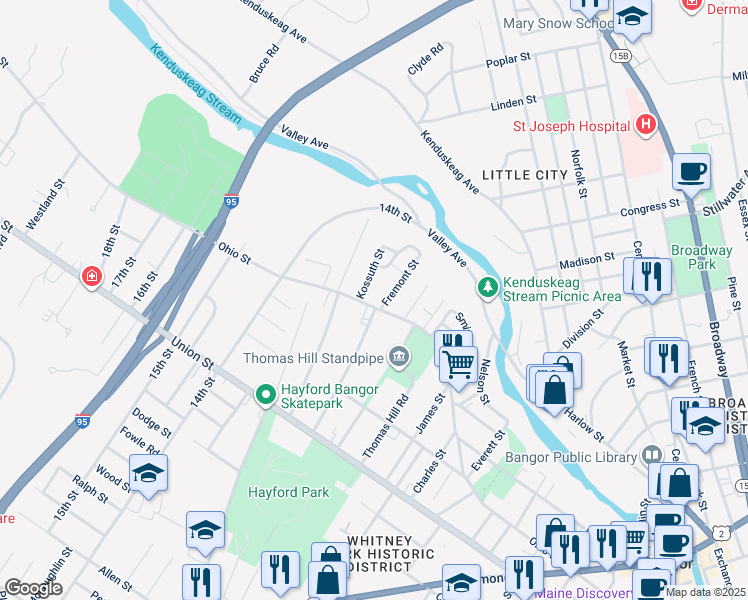 map of restaurants, bars, coffee shops, grocery stores, and more near 327 Ohio Street in Bangor