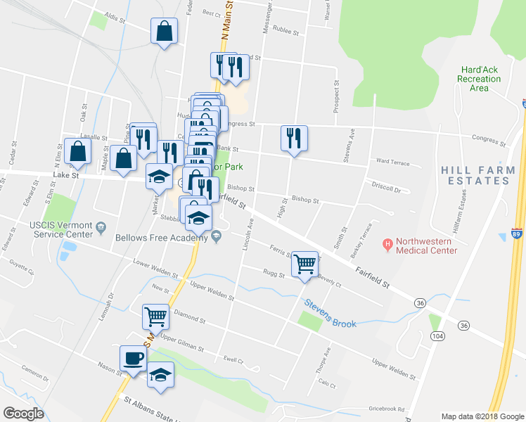 map of restaurants, bars, coffee shops, grocery stores, and more near 59 Fairfield Street in Saint Albans City