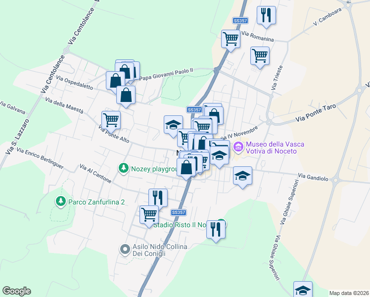 map of restaurants, bars, coffee shops, grocery stores, and more near 12 Via Giacomo Matteotti in Noceto