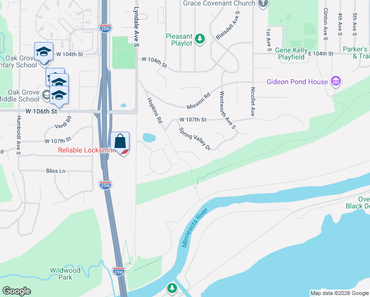 map of restaurants, bars, coffee shops, grocery stores, and more near 10729 Hopkins Road in Bloomington