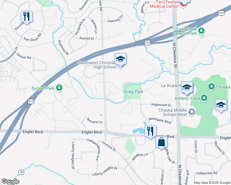 map of restaurants, bars, coffee shops, grocery stores, and more near 455 Oak Hill Road in Chaska