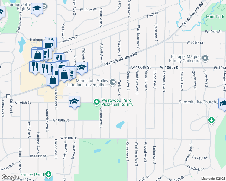 map of restaurants, bars, coffee shops, grocery stores, and more near 10718 York Avenue South in Minneapolis