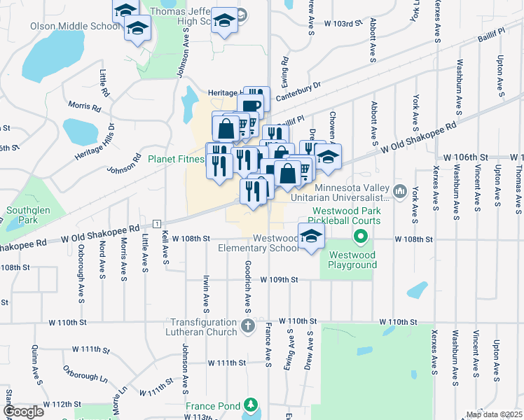 map of restaurants, bars, coffee shops, grocery stores, and more near 10700 France Avenue South in Minneapolis