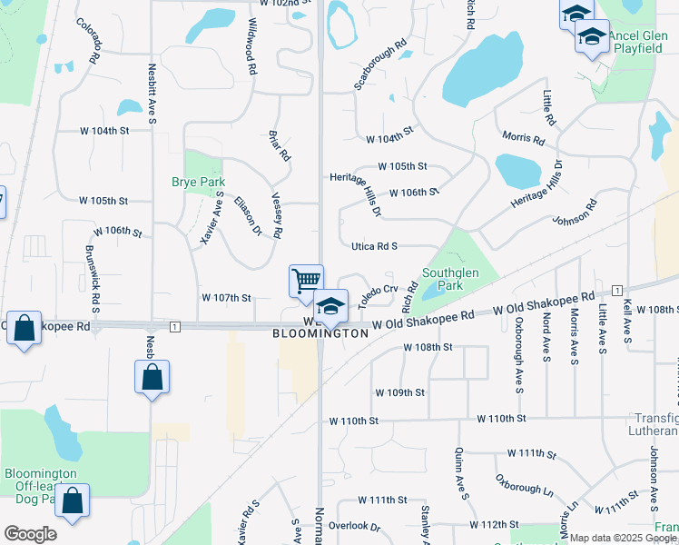 map of restaurants, bars, coffee shops, grocery stores, and more near 5241 Balmoral Lane in Bloomington