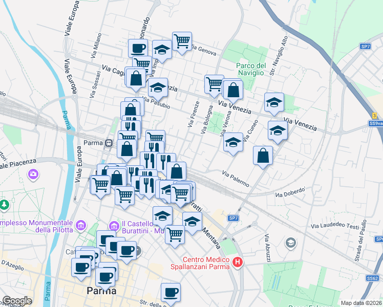 map of restaurants, bars, coffee shops, grocery stores, and more near 4 Via Ulisse Corazza in Parma