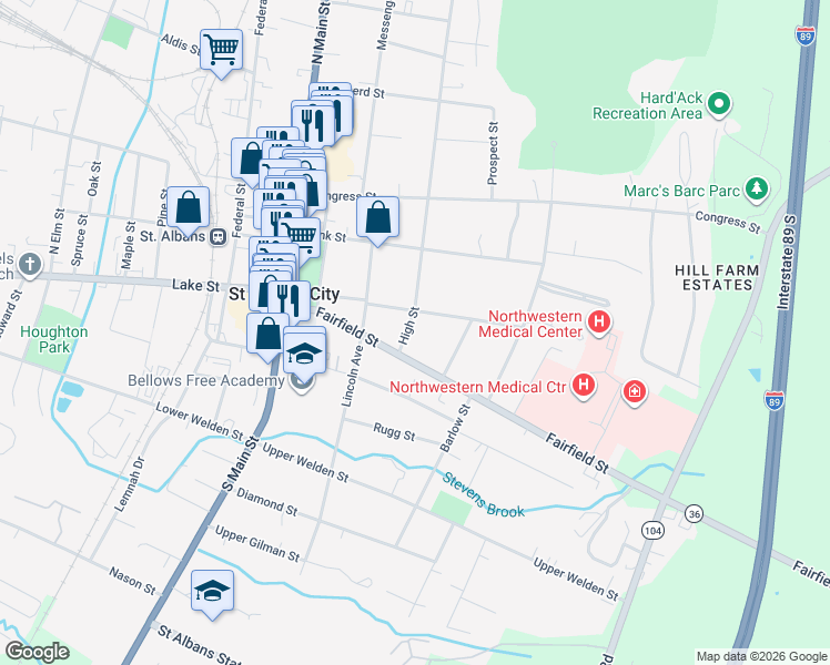 map of restaurants, bars, coffee shops, grocery stores, and more near 7 High Street in Saint Albans City