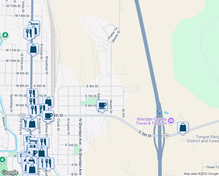 map of restaurants, bars, coffee shops, grocery stores, and more near 774 East 8th Street in Sheridan