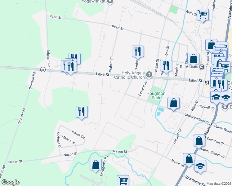 map of restaurants, bars, coffee shops, grocery stores, and more near 20 Murray Drive in Saint Albans City