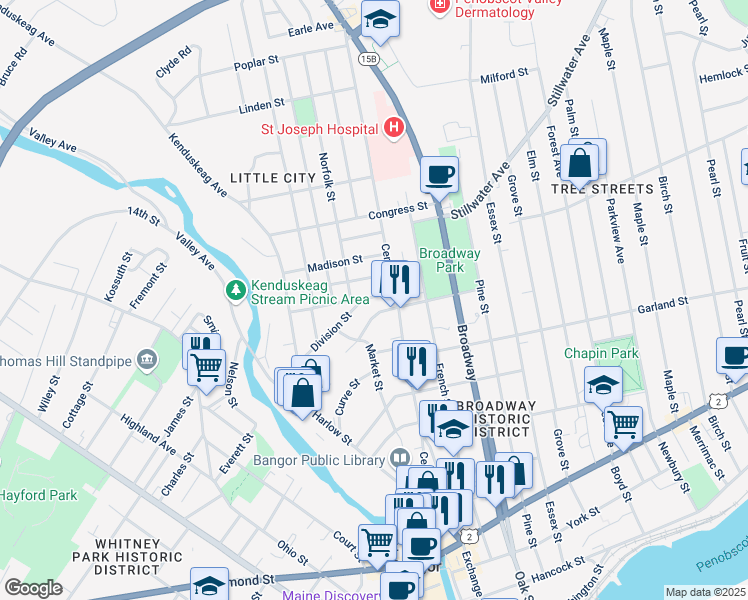 map of restaurants, bars, coffee shops, grocery stores, and more near 77 Division Street in Bangor