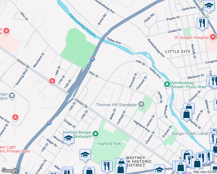 map of restaurants, bars, coffee shops, grocery stores, and more near 394 Ohio Street in Bangor