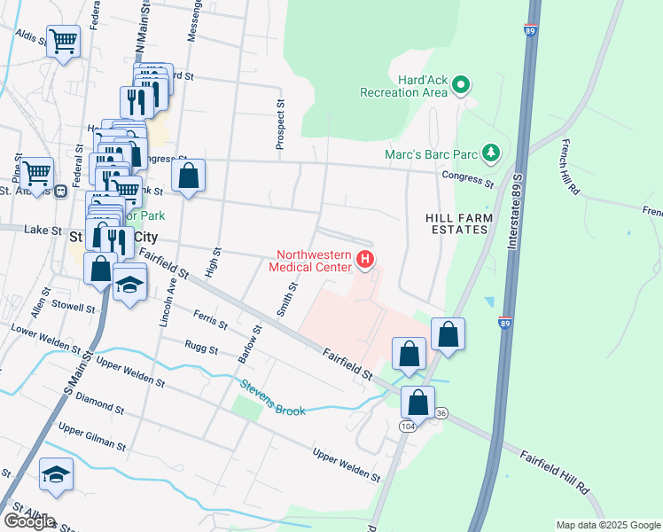 map of restaurants, bars, coffee shops, grocery stores, and more near 10 Forest Hill Drive in Saint Albans City
