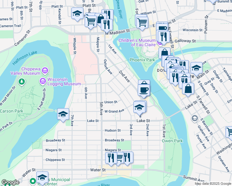 map of restaurants, bars, coffee shops, grocery stores, and more near 912 3rd Avenue in Eau Claire