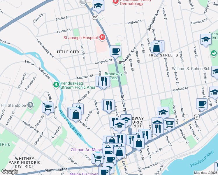 map of restaurants, bars, coffee shops, grocery stores, and more near 341 French Street in Bangor