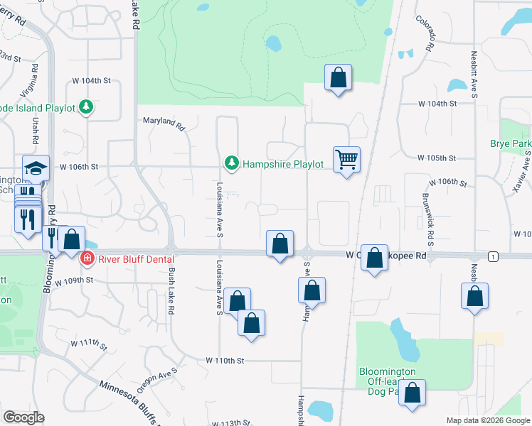 map of restaurants, bars, coffee shops, grocery stores, and more near 10660 Hampshire Avenue South in Bloomington