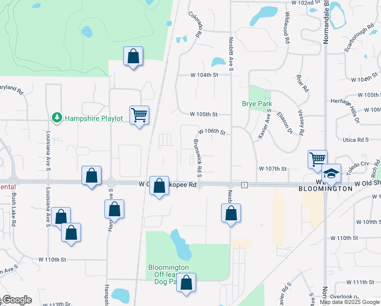 map of restaurants, bars, coffee shops, grocery stores, and more near 10670 Brunswick Road South in Minneapolis
