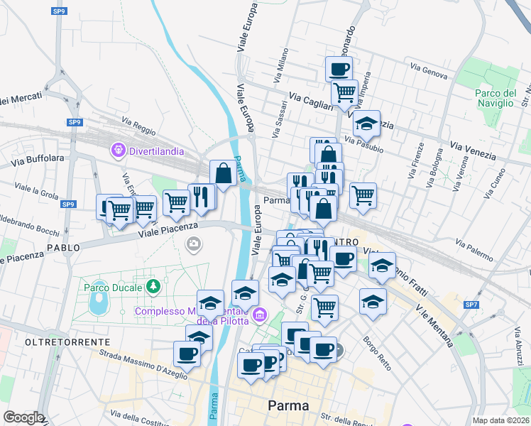 map of restaurants, bars, coffee shops, grocery stores, and more near 9 Via Antonio Cecchi in Parma