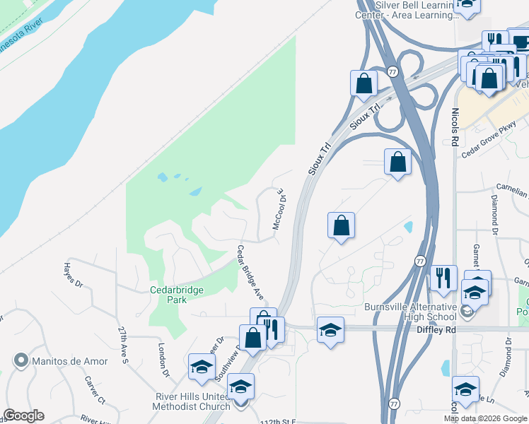 map of restaurants, bars, coffee shops, grocery stores, and more near 10741 McCool Drive East in Burnsville