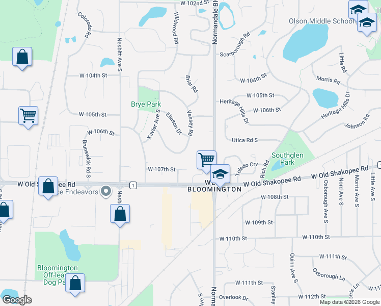 map of restaurants, bars, coffee shops, grocery stores, and more near 5400 West 107th Street in Minneapolis