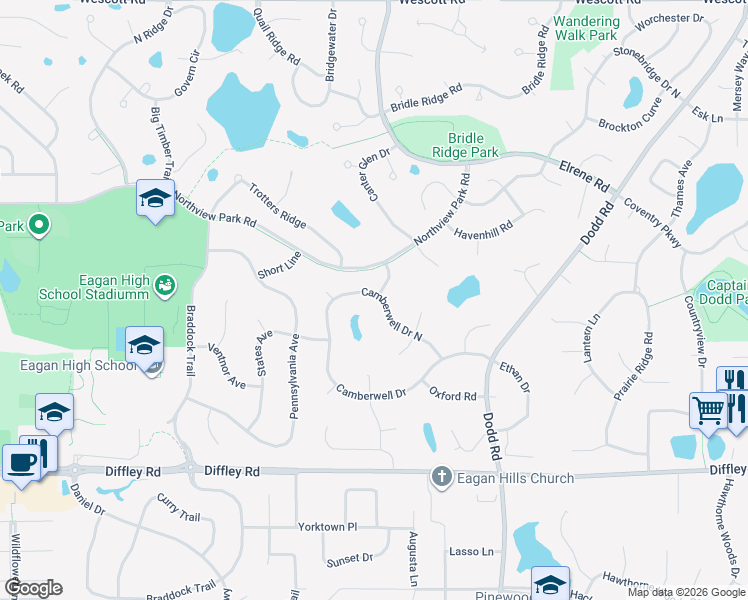map of restaurants, bars, coffee shops, grocery stores, and more near 4068 Camberwell Drive in Eagan