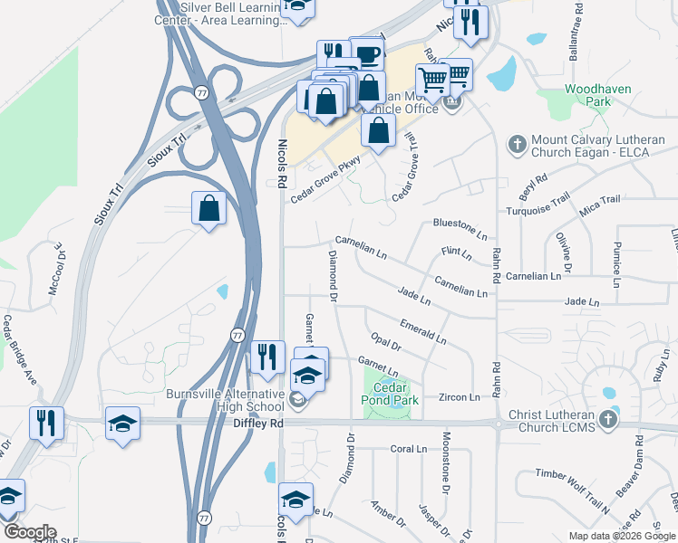 map of restaurants, bars, coffee shops, grocery stores, and more near 2102 Jade Lane in Eagan