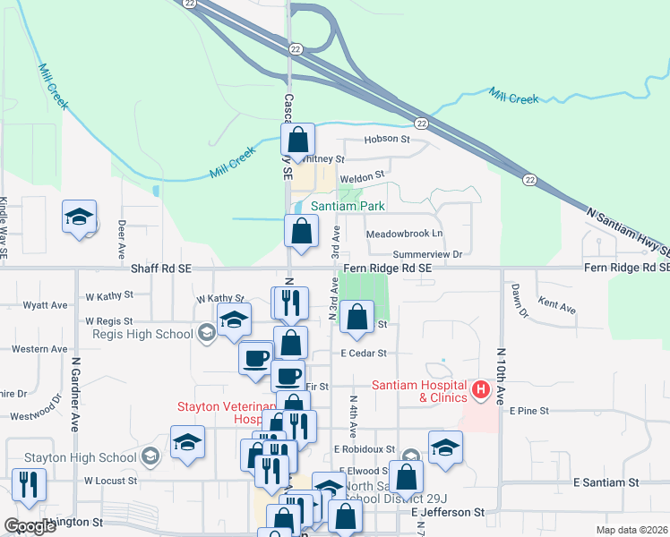 map of restaurants, bars, coffee shops, grocery stores, and more near 2201 North 3rd Avenue in Stayton