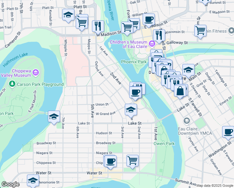 map of restaurants, bars, coffee shops, grocery stores, and more near 920 Oxford Avenue in Eau Claire