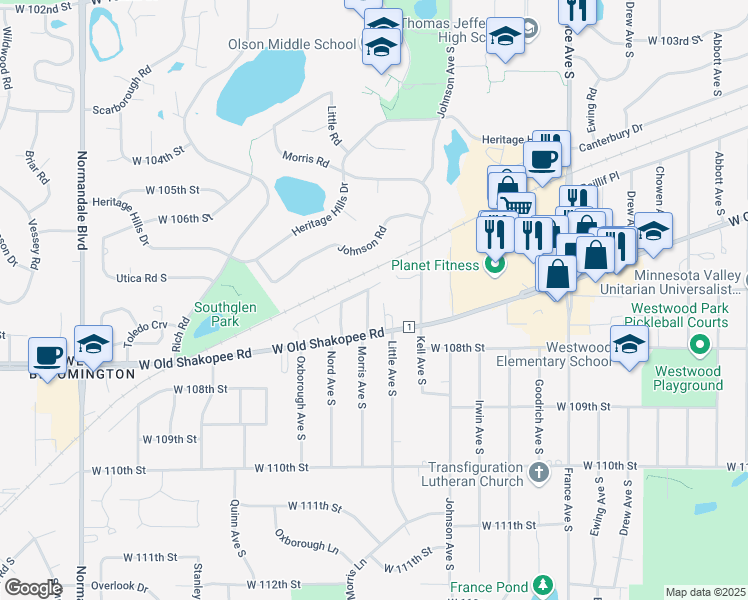 map of restaurants, bars, coffee shops, grocery stores, and more near 10701 Morris Avenue South in Minneapolis