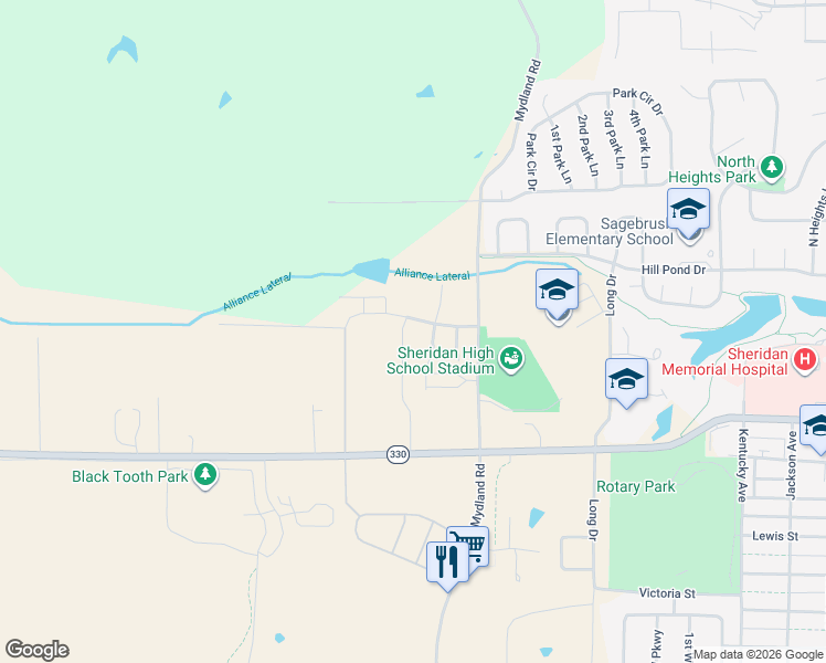 map of restaurants, bars, coffee shops, grocery stores, and more near 2064 Bungalow Village Lane in Sheridan
