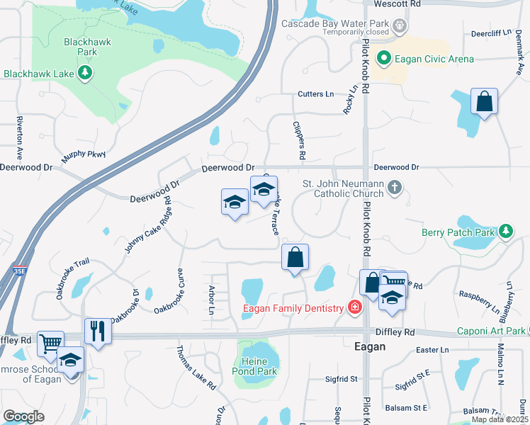 map of restaurants, bars, coffee shops, grocery stores, and more near 1480 Deerwood Drive in Eagan