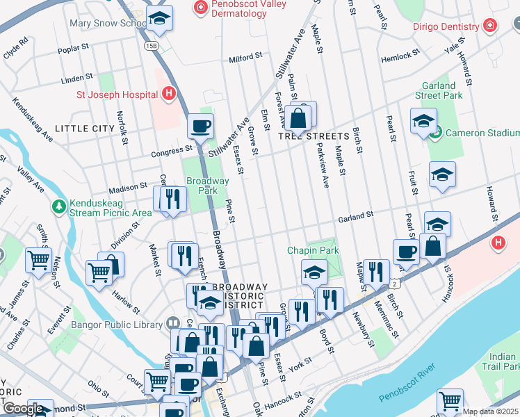 map of restaurants, bars, coffee shops, grocery stores, and more near 144 Grove Street in Bangor
