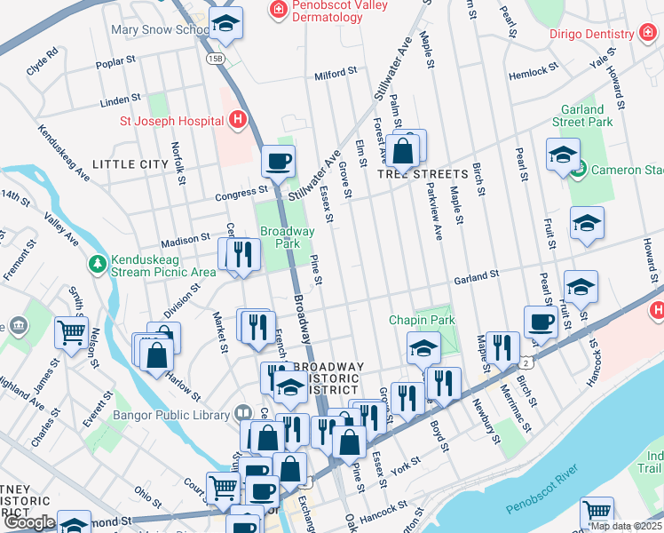 map of restaurants, bars, coffee shops, grocery stores, and more near 242 Essex Street in Bangor