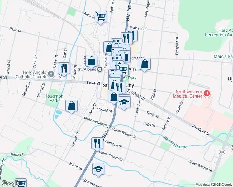 map of restaurants, bars, coffee shops, grocery stores, and more near 56 South Main Street in Saint Albans City