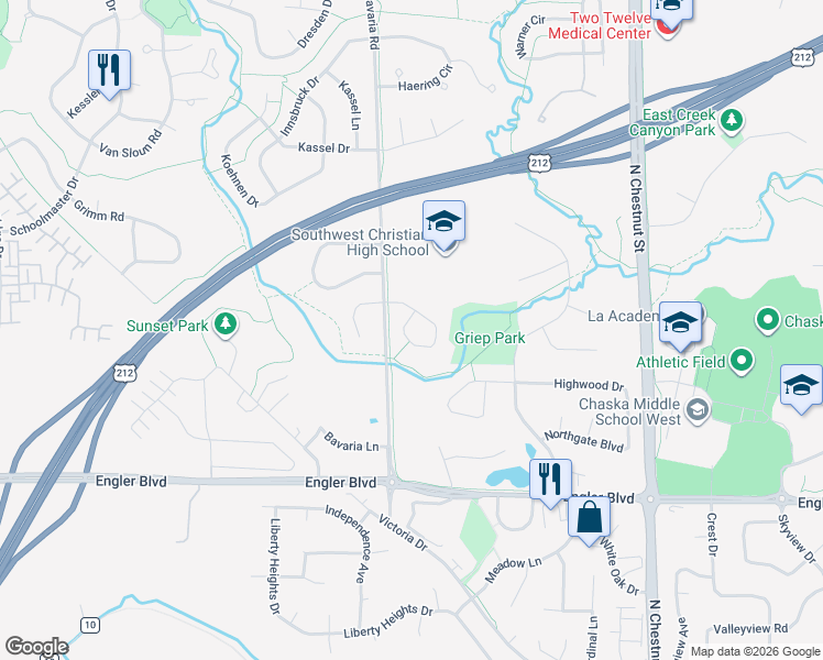 map of restaurants, bars, coffee shops, grocery stores, and more near 455 Oak Hill Road in Chaska