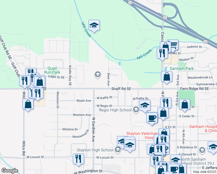 map of restaurants, bars, coffee shops, grocery stores, and more near 2384 Deer Ave. in Stayton