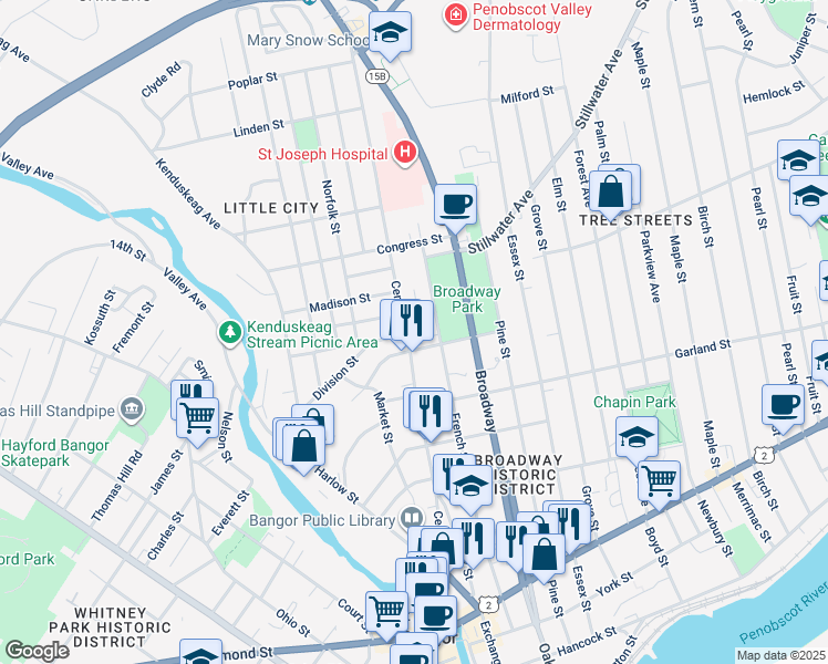 map of restaurants, bars, coffee shops, grocery stores, and more near 175 Center Street in Bangor
